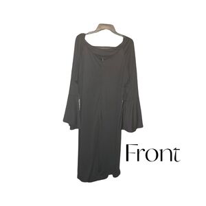 Black Ribbed Sheath Dress with Long Bell Sleeves for Cocktail